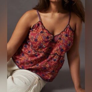 By Anthropologie Beaded Paisley Tank Top Cami Bare Deco Babydoll Red 1X